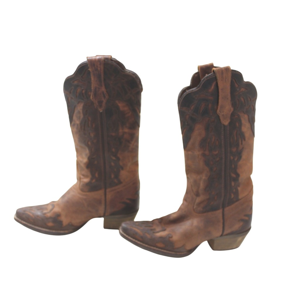 Cowboy Boots Women Size 7 Brown EUC Distressed Leather Inlay I5026-M - Picture 2 of 5